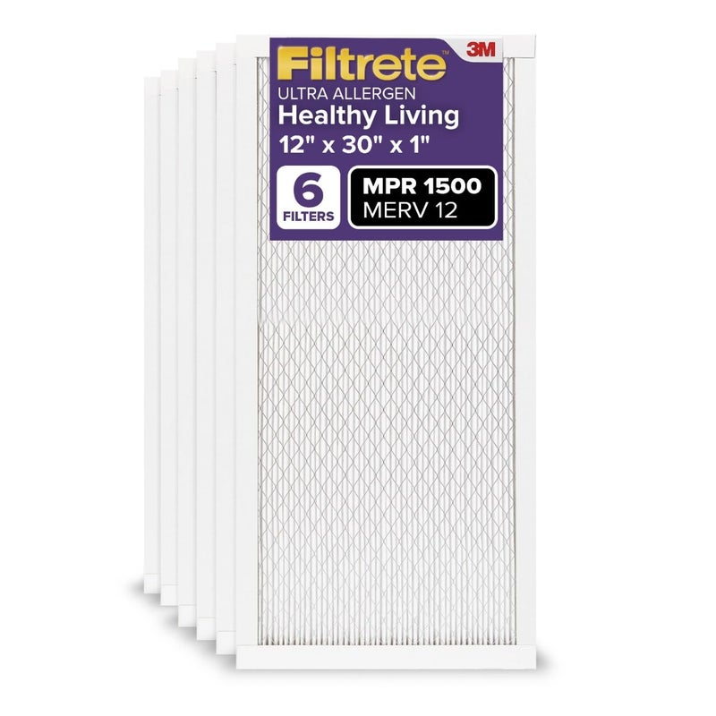 Filtrete 12x30x1 AC Furnace Air Filter, MERV 12, MPR 1500, CERTIFIED asthma & allergy friendly, 3 Month Pleated 1-Inch Electrostatic Air Cleaning Filter, 6-Pack (Actual Size 11.81x29.81x0.78 in) - Image 1